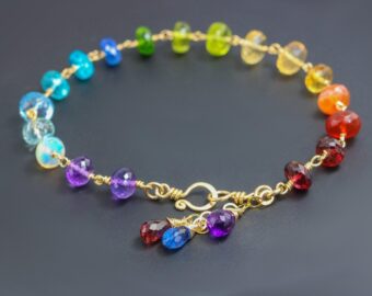 Solid Gold 14K Rainbow Precious Gemstone Wire Wrapped Bracelet