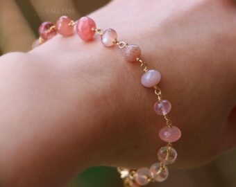 Solid Gold 14K Rhodochrosite, Morganite and Peach Moonstone Gemstone Bracelet
