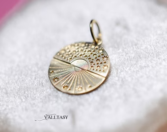 Solid Gold 14K Round Medallion Sun and Stars Charm