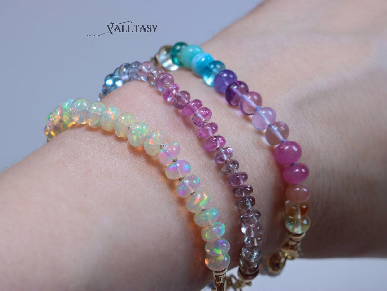 Solid Gold 14K Silk Knotted Ethiopian Opal Pastel Bracelet, Half Opal Half Pastel Bracelet