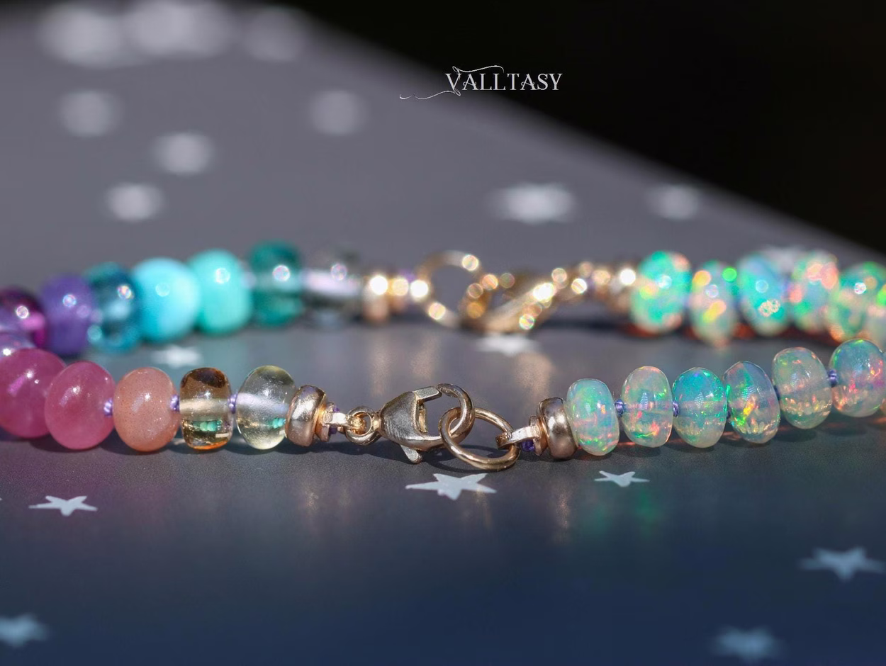 Solid Gold 14K Silk Knotted Ethiopian Opal Pastel Bracelet, Half Opal Half Pastel Bracelet