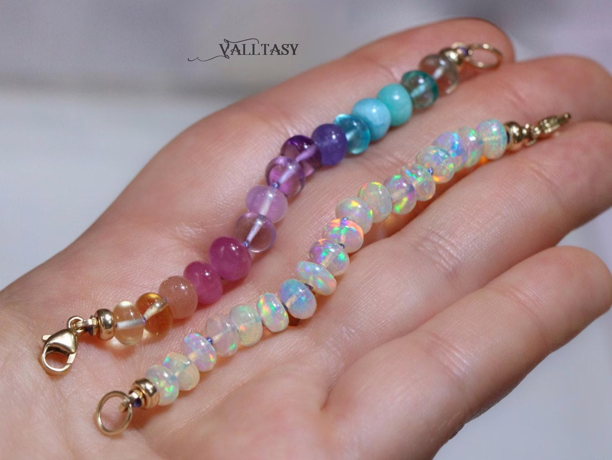 Solid Gold 14K Silk Knotted Ethiopian Opal Pastel Bracelet, Half Opal Half Pastel Bracelet