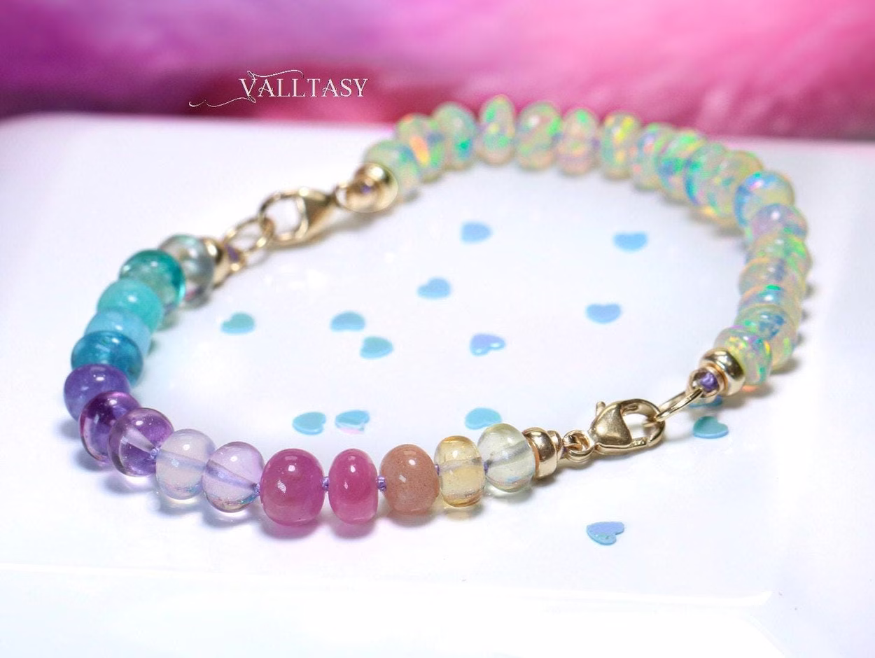 Solid Gold 14K Silk Knotted Ethiopian Opal Pastel Bracelet, Half Opal Half Pastel Bracelet