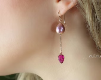 Solid Rose Gold 14K Rubellite Pink Tourmaline and Pink Edison Pearl Earrings, One of a Kind