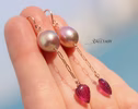 Solid Rose Gold 14K Rubellite Pink Tourmaline and Pink Edison Pearl Earrings, One of a Kind