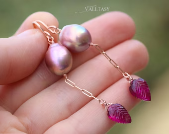 Solid Rose Gold 14K Rubellite Pink Tourmaline and Pink Edison Pearl Earrings, One of a Kind