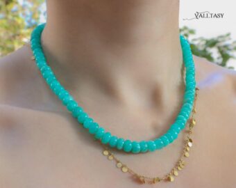 Vibrant Amazonite Necklace in 14K Solid Gold, Aqua Blue Gemstone Beaded Necklace