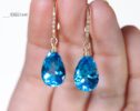 Solid Gold 14K Diamond Swiss Blue Topaz Drop Earrings, Genuine Swiss Blue Topaz Earrings