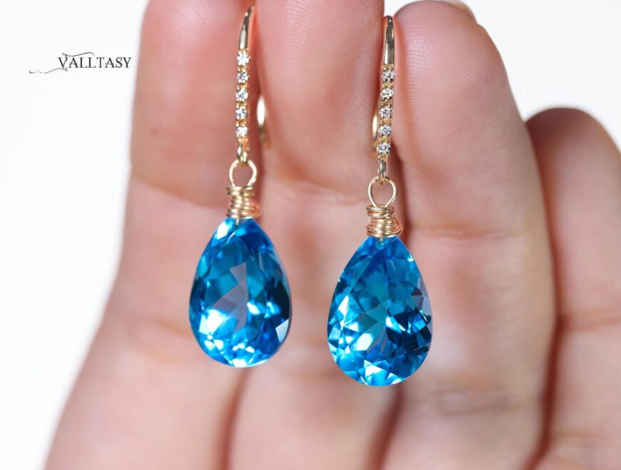 Solid Gold 14K Diamond Swiss Blue Topaz Drop Earrings, Genuine Swiss Blue Topaz Earrings