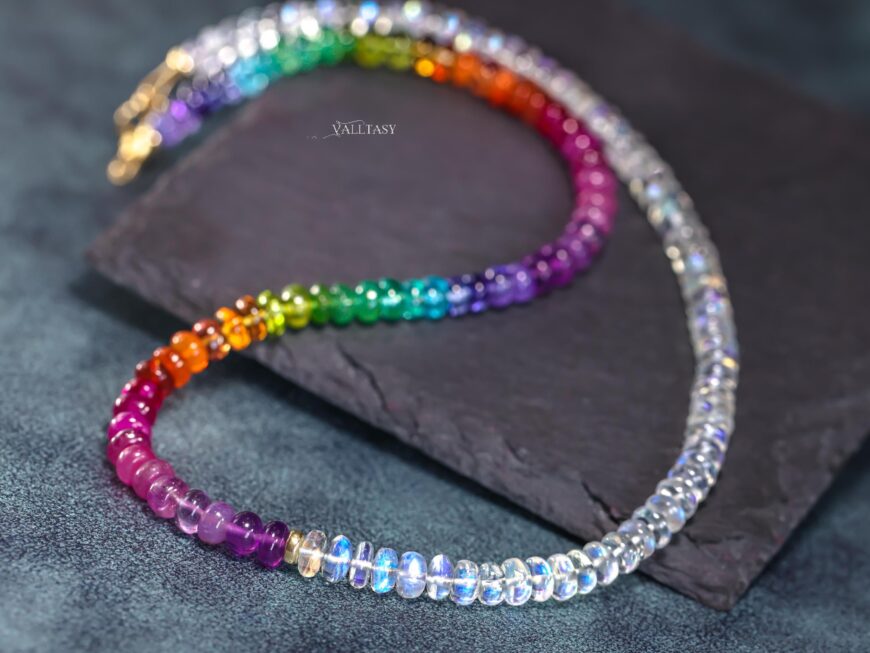 •NYX• rainbow moonstone + moon + mixed metal necklace (26