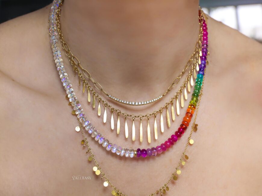 Solid Gold 14K Multi Gemstone Rainbow Moonstone Necklace, Moonstone and Rainbow Beaded Necklace
