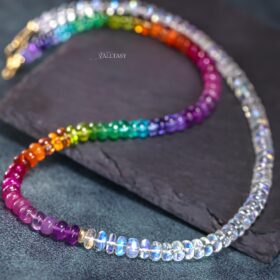 My Rainbow Other Half Necklace – Solid Gold 14K Multi Gemstone Rainbow Moonstone Necklace, Moonstone and Rainbow Beaded Necklace