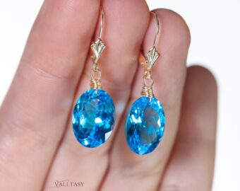 Solid Gold 14K Swiss Blue Topaz Oval Earrings, Genuine Swiss Blue Topaz Earrings