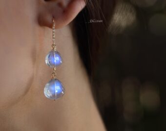 Solid Gold 14K Diamond Rainbow Moonstone Earrings