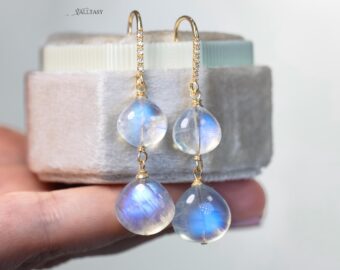 Solid Gold 14K Diamond Rainbow Moonstone Earrings