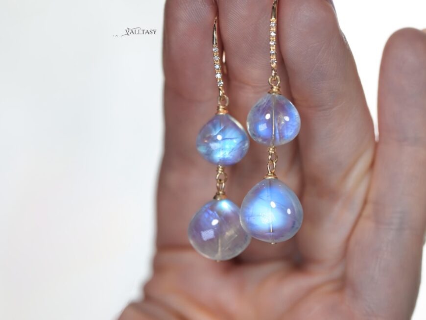 Solid Gold 14K Diamond Rainbow Moonstone Earrings