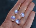 Solid Gold 14K Diamond Rainbow Moonstone Earrings