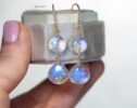 Solid Gold 14K Diamond Rainbow Moonstone Earrings