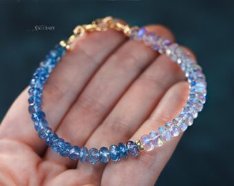 Solid Gold 14K Santa Maria Aquamarine and Rainbow Moonstone Bracelet, Moonstone and Aquamarine Beaded Bracelet