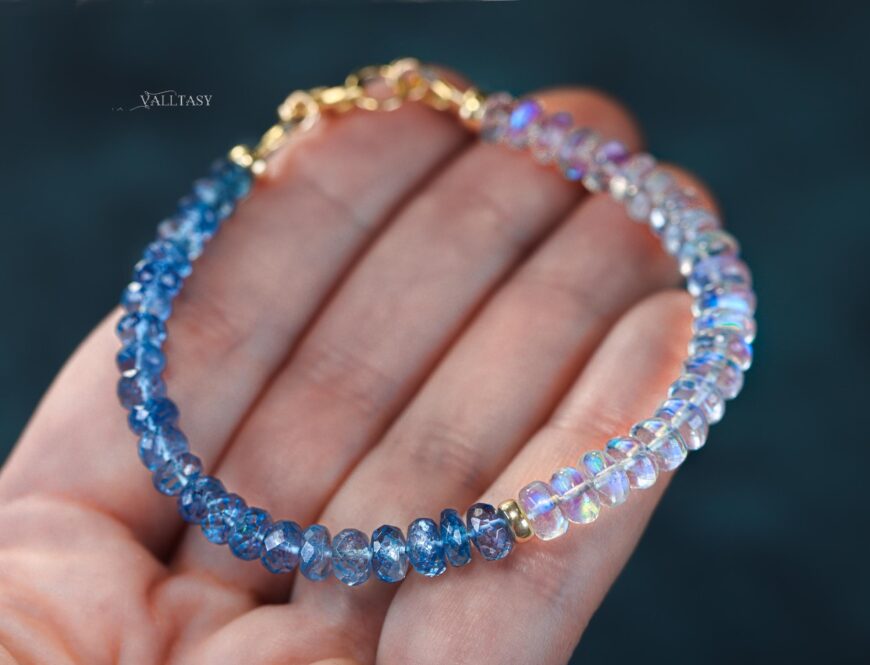Solid Gold 14K Santa Maria Aquamarine and Rainbow Moonstone Bracelet, Moonstone and Aquamarine Beaded Bracelet