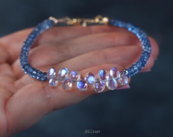 Solid Gold 14K Santa Maria Aquamarine and Rainbow Moonstone Bracelet, Moonstone and Aquamarine Beaded Bracelet