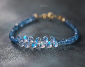 Solid Gold 14K Santa Maria Aquamarine and Rainbow Moonstone Bracelet, Moonstone and Aquamarine Beaded Bracelet