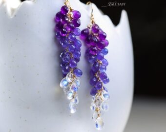 Solid Gold 14K Tanzanite and Rainbow Moonstone Long Gemstone Earrings, Multi Stone Drop Cluster Earrings