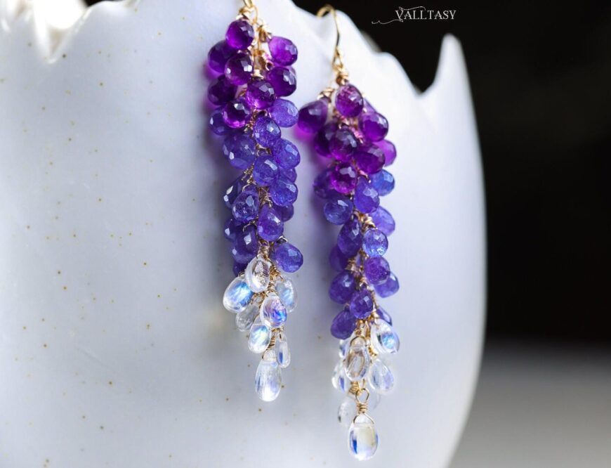 Solid Gold 14K Tanzanite and Rainbow Moonstone Long Gemstone Earrings, Multi Stone Drop Cluster Earrings