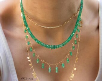 14K Solid Gold Emerald Fringe Necklace, Genuine Zambian Emerald Gemstone Necklace