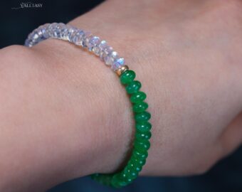 Solid Gold 14K Emerald and Rainbow Moonstone Bracelet, Beaded Bracelet with Moonstone and Zambian Emerald