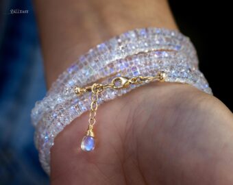 Solid Gold 14K Rainbow Moonstone Necklace, Double Layered Necklace, Long Necklace, Multi Wrap Bracelet, Multi Layered Bracelet