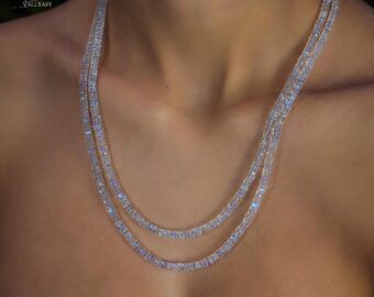Solid Gold 14K Rainbow Moonstone Necklace, Double Layered Necklace, Long Necklace, Multi Wrap Bracelet, Multi Layered Bracelet