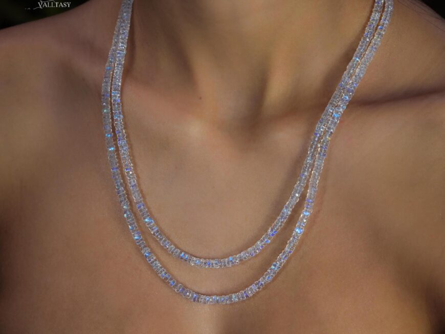 Solid Gold 14K Rainbow Moonstone Necklace, Double Layered Necklace, Long Necklace, Multi Wrap Bracelet, Multi Layered Bracelet