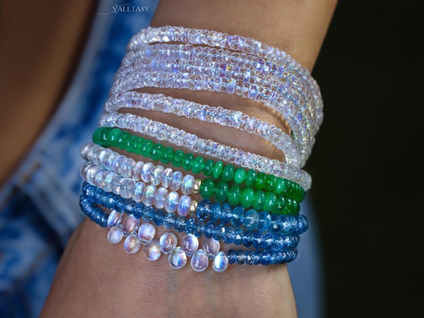 Solid Gold 14K Santa Maria Aquamarine and Rainbow Moonstone Bracelet, Moonstone and Aquamarine Beaded Bracelet