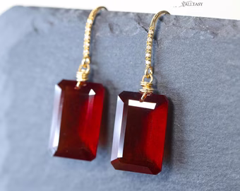 Solid Gold 14K Diamond Hessonite Garnet Earrings, Garnet Drop Earrings, One of a Kind