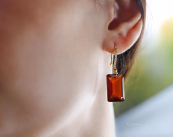 Solid Gold 14K Diamond Hessonite Garnet Earrings, Garnet Drop Earrings, One of a Kind