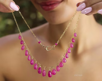 - Solid Gold 14K Pink Ruby Necklace, Ruby Drop Necklace