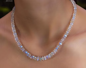 Solid Gold 14K Rainbow Moonstone Necklace, Moonstone Beaded Necklace