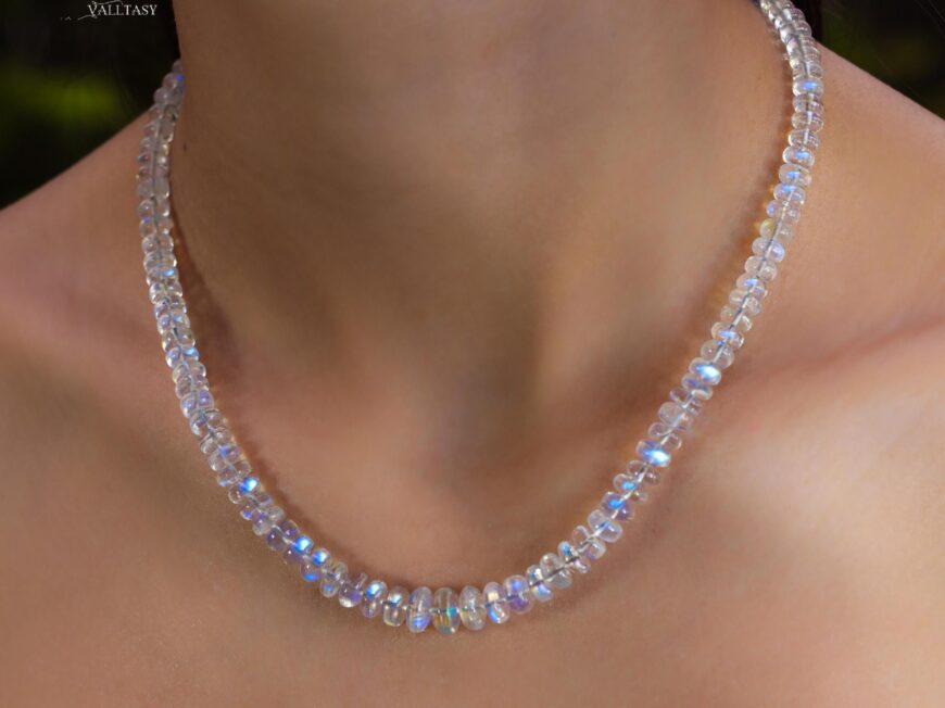 Solid Gold 14K Rainbow Moonstone Necklace, Moonstone Beaded Necklace