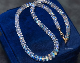 Solid Gold 14K Rainbow Moonstone Necklace, Moonstone Beaded Necklace