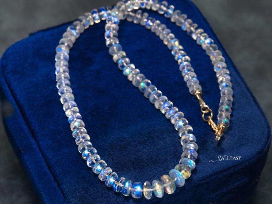 Solid Gold 14K Rainbow Moonstone Necklace, Moonstone Beaded Necklace