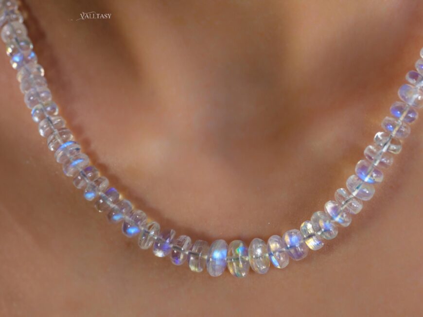 Solid Gold 14K Rainbow Moonstone Necklace, Moonstone Beaded Necklace