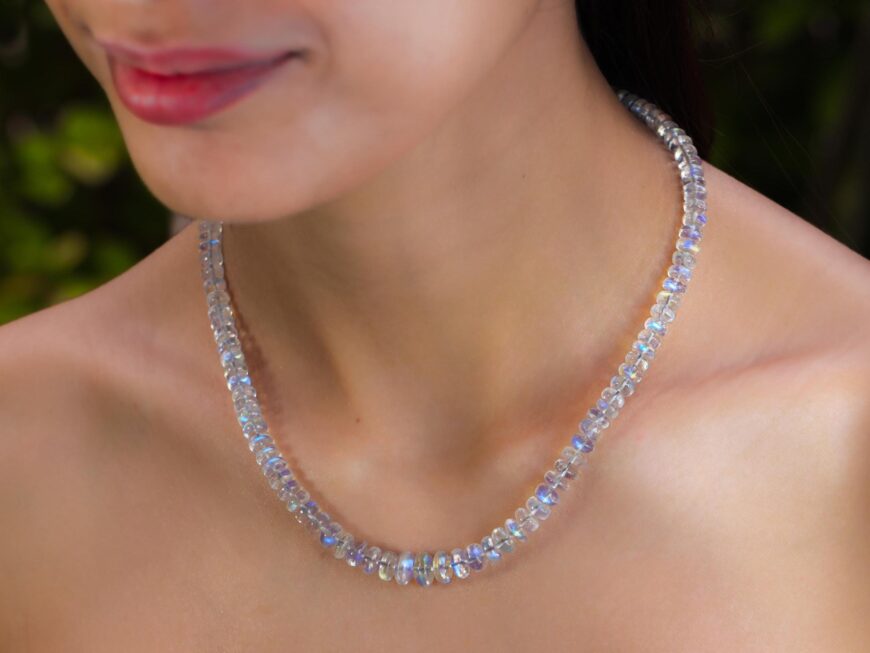 Solid Gold 14K Rainbow Moonstone Necklace, Moonstone Beaded Necklace