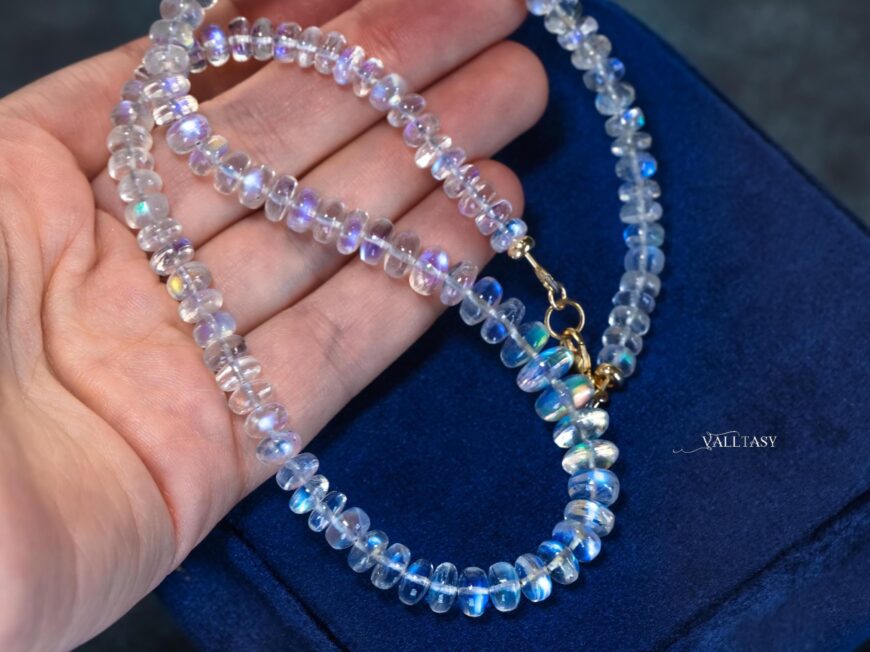 Solid Gold 14K Rainbow Moonstone Necklace, Moonstone Beaded Necklace