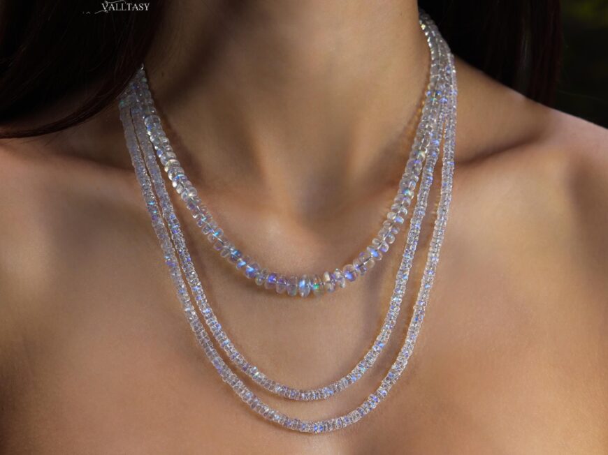 Solid Gold 14K Rainbow Moonstone Necklace, Moonstone Beaded Necklace