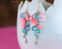 Solid Gold 14K Angel Skin Coral, Pink Opal and Aquamarine Earrings