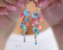 Solid Gold 14K Angel Skin Coral, Pink Opal and Aquamarine Earrings