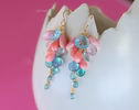 Solid Gold 14K Angel Skin Coral, Pink Opal and Aquamarine Earrings
