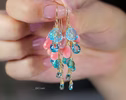 Solid Gold 14K Angel Skin Coral, Pink Opal and Aquamarine Earrings