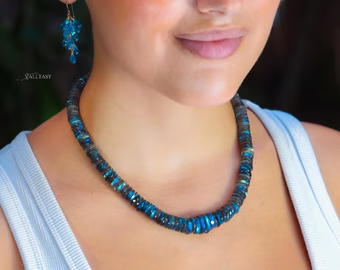 Solid Gold 14K Blue Labradorite Necklace, Beaded Gemstone Necklace